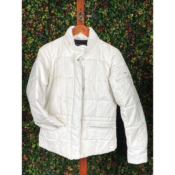 Small Tommy Hilfiger Outerwear Puffer Jacket Coat White + Hood Womens Small 2004 - Picture 1 of 12